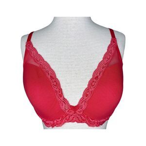 Natori Feathers Lace Plunge Bra sz 34DD * Coral Pink Lace Band Underwire Mesh